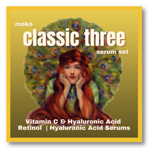 Moko Organic's Classic Three Serum Set with Vitamin C and Hyaluronic Acid, Retinol and Hyaluronic Acid Serums. 